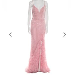 Portia & Scarlett Blush Pink Beaded Feather-Trim Evening Gown
